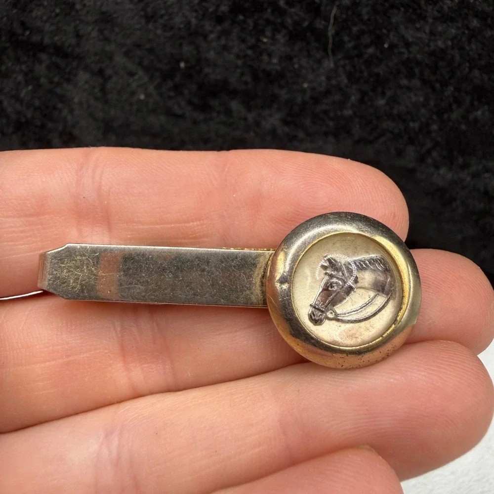 Vintage Horse Pioneer Tie Clip Blue Gold Tone Equestrian